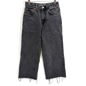 Topshop Moto High Waisted Wide Leg Jeans Size 26 Crop Washed Black Raw Hem